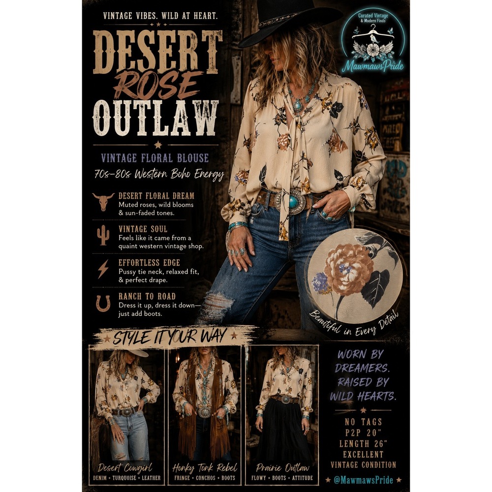 Vintage Desert Rose Outlaw Floral Bow Blouse Western Boho 70s 80s